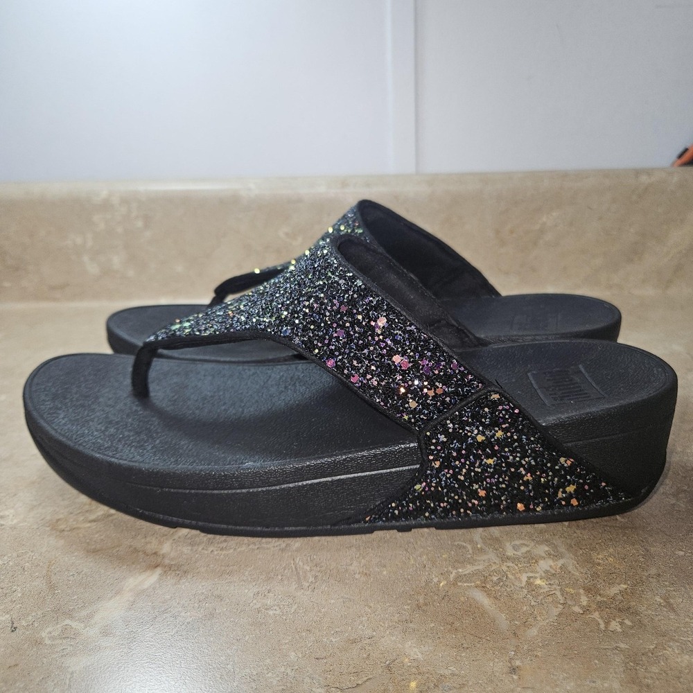 FitFlop Shoes‎ Women 10 Black Glitter Wedge Flip Flop Sandals X03-231 Comfort - Picture 4 of 8